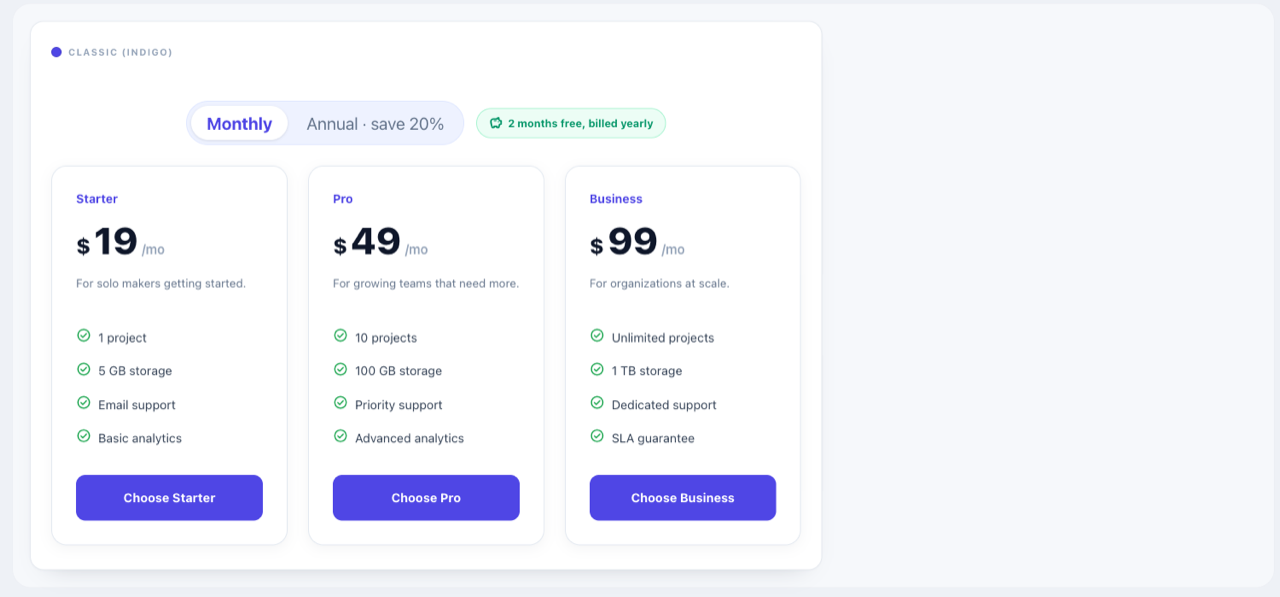 Pricing Table ready-made designs in SiteOrigin Page Builder